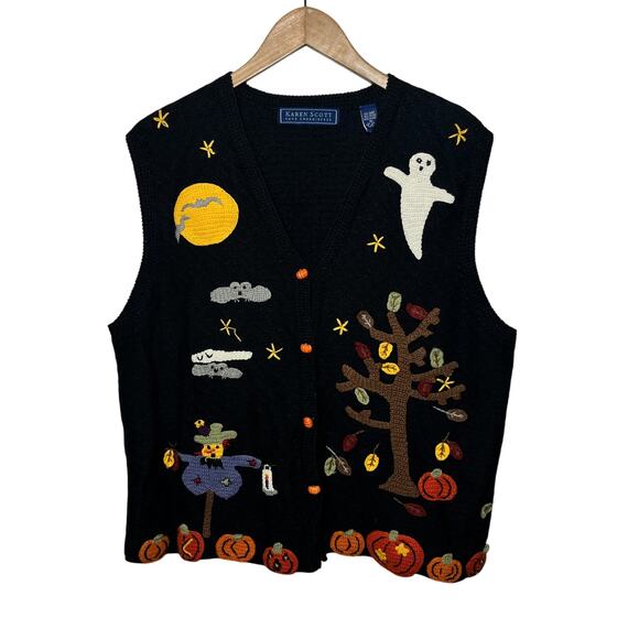 VTG Karen Scott Sweater Vest Hand Embroidered Black Halloween Fall Pumpkin XL - Picture 1 of 10